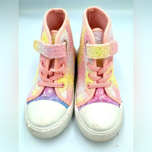 Sparkly Pink and Yellow Kids High-Top Sneakers Sz 13 - Picture 4 of 7